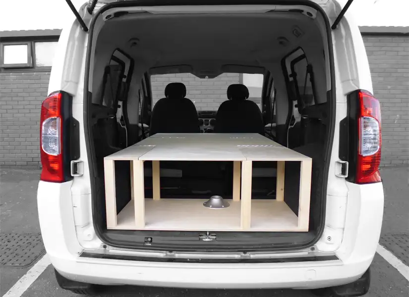 The camper van conversion module unfolds in seconds to create a completely flat sleeping platform with space for 2 adults.