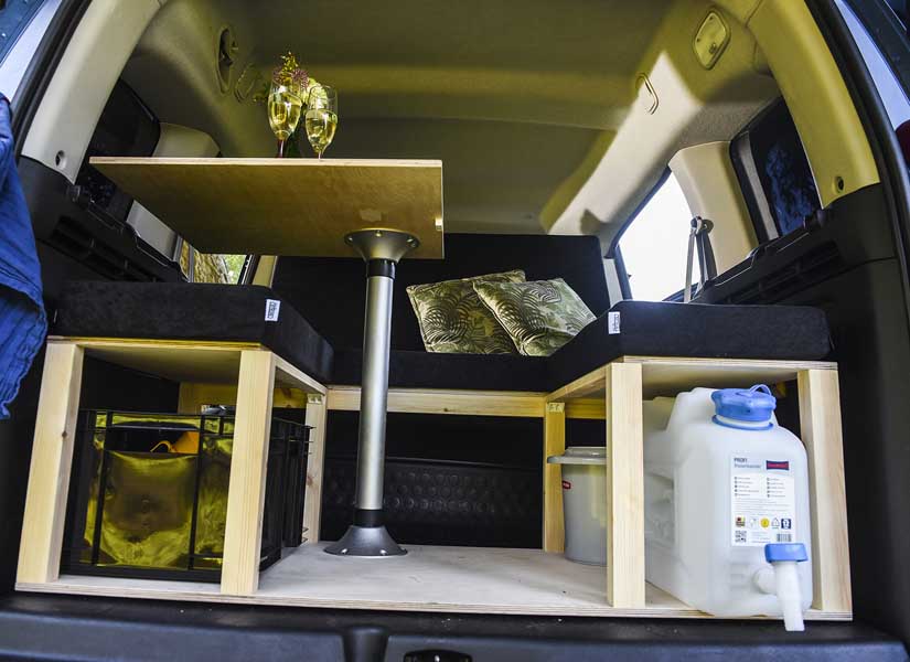 With the camper van conversion module installed in the boot of your Peugeot Rifter, there is plenty of storage space underneath the module.