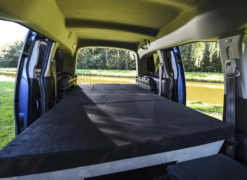 The SIMPLE Camper Van Conversion Module with the optional cushion set The double bed platform has enough space for 2 adults to sleep comfortably.