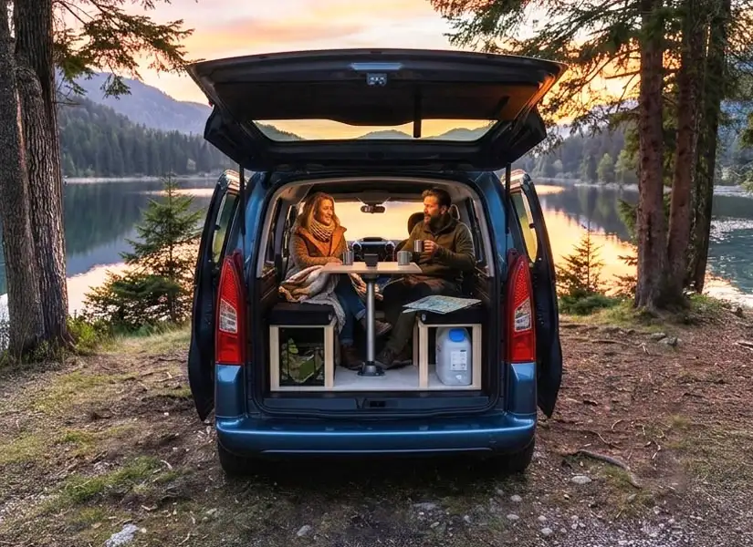 A citroen berlingo with a camper van conversion module installed parked by a lake at sunset A citroen berlingo with a camper van conversion module installed parked by a lake at sunset