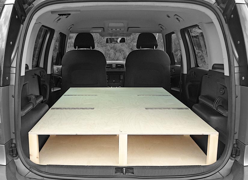 Our Skoda Yeti camper van conversion module unfolds in seconds to create a completely flat sleeping platform with space for 2 adults.